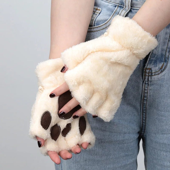 Women's Adorable Cat Paw Plush Mittens – Cozy, Soft, Fingerless Fluffy Gloves - Gear Elevation