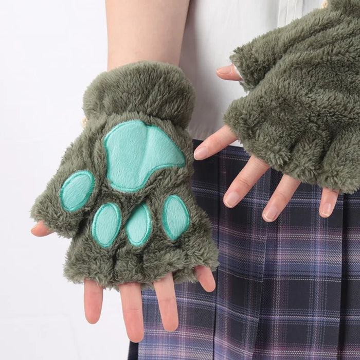 Women's Adorable Cat Paw Plush Mittens – Cozy, Soft, Fingerless Fluffy Gloves - Gear Elevation