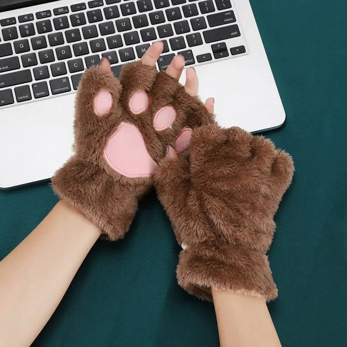 Women's Adorable Cat Paw Plush Mittens – Cozy, Soft, Fingerless Fluffy Gloves - Gear Elevation