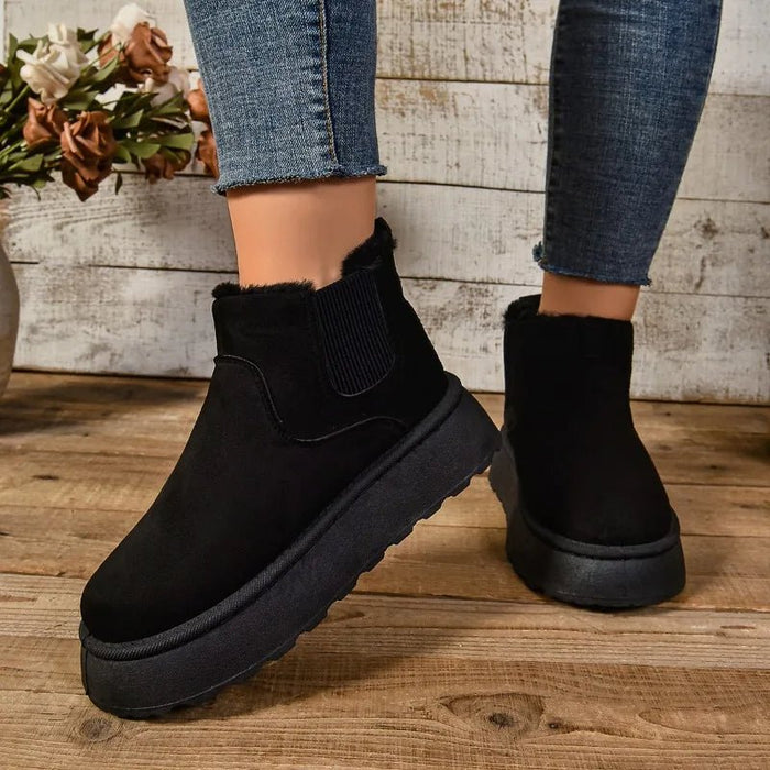 Women's Plush Suede Ankle Snow Boots – Cozy Fur - Lined Chelsea Flats for Winter Warmth & Style - Gear Elevation