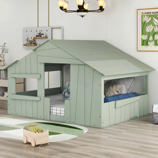 Wood Full - Size House Bed with Roof, Window, and Guardrail Light - Gear Elevation