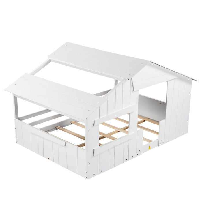 Wood Full - Size House Bed with Roof, Window, and Guardrail Light - Gear Elevation