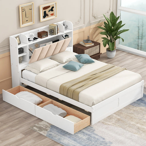 Wood Queen Size Platform Bed with Storage Headboard, Shelves, and 2 Drawers - Gear Elevation