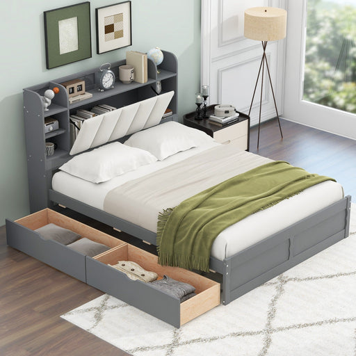 Wood Queen Size Platform Bed with Storage Headboard Shelves and 2 Drawers - Gear Elevation