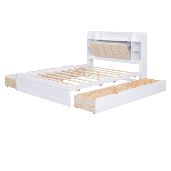 Wood Queen Size Platform Bed with Storage Headboard Shelves and 4 Drawers - Gear Elevation