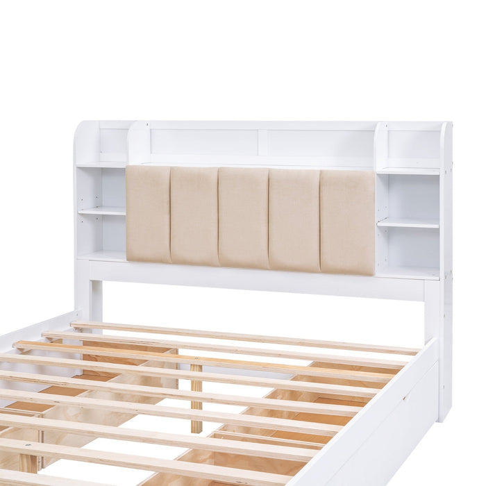 Wood Queen Size Platform Bed with Storage Headboard Shelves and 4 Drawers - Gear Elevation