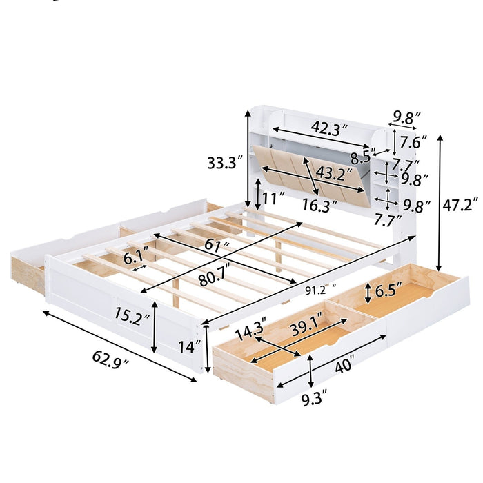 Wood Queen Size Platform Bed with Storage Headboard Shelves and 4 Drawers - Gear Elevation