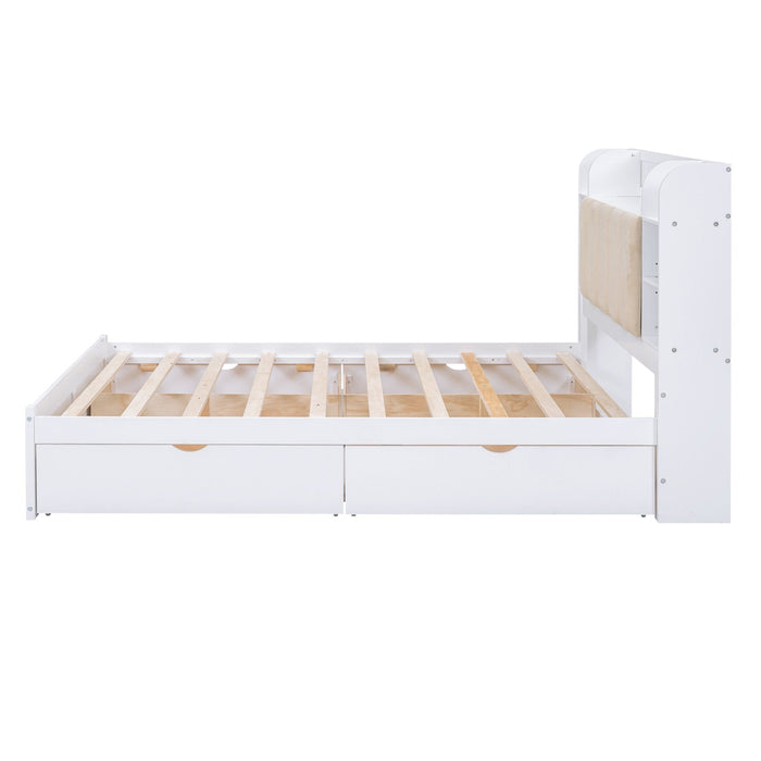 Wood Queen Size Platform Bed with Storage Headboard Shelves and 4 Drawers - Gear Elevation