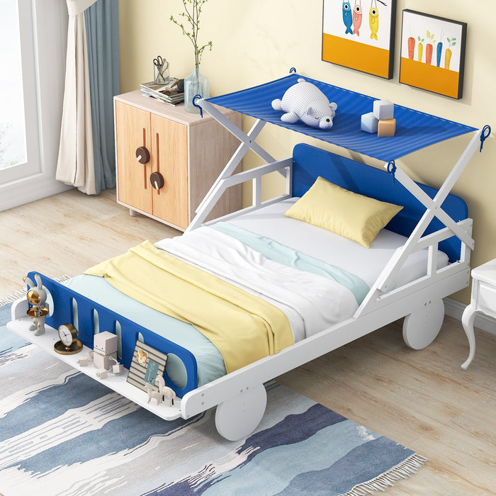 Wood Twin - Size Car Bed with Ceiling Cloth, Headboard, and Footboard - Gear Elevation