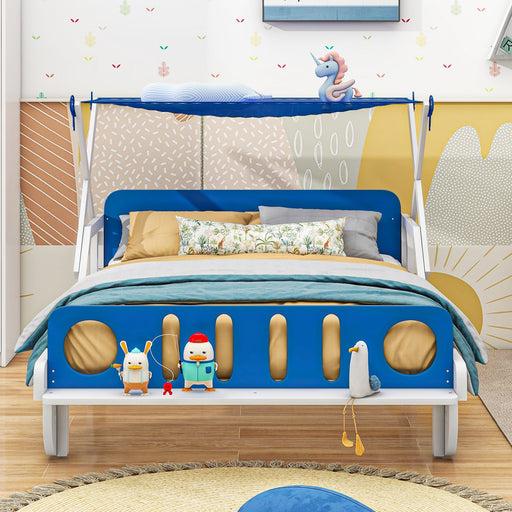 Wood Twin - Size Car Bed with Ceiling Cloth, Headboard, and Footboard - Gear Elevation