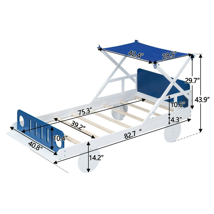 Wood Twin - Size Car Bed with Ceiling Cloth, Headboard, and Footboard - Gear Elevation