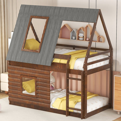 Wood Twin Size House Bunk Bed with Roof, Ladder and 2 Windows - Gear Elevation