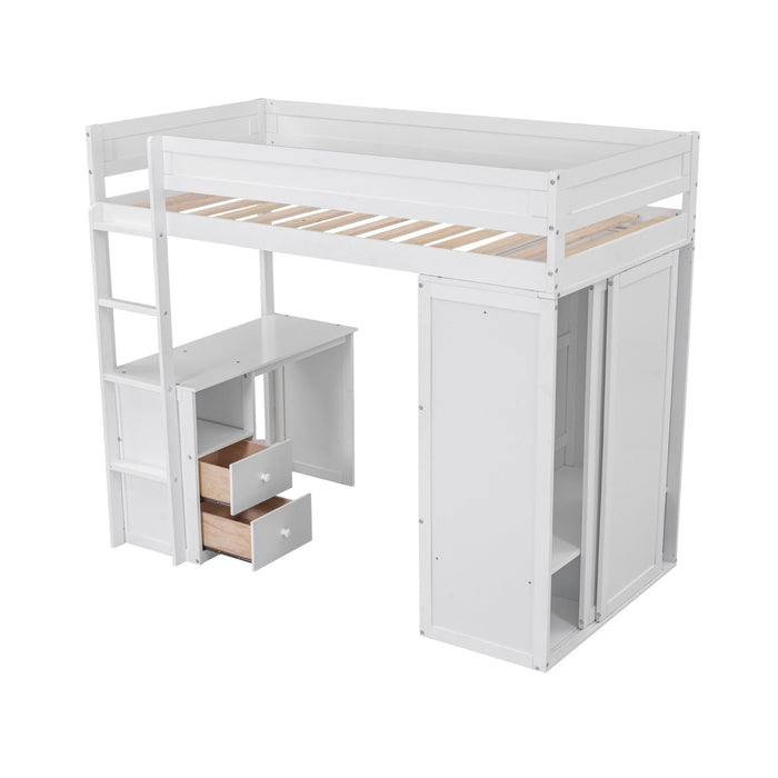 Wood Twin - Size Loft Bed with Wardrobes and 2 - Drawer Desk with Cabinet - Gear Elevation