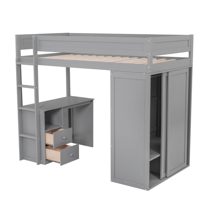 Wood Twin - Size Loft Bed with Wardrobes and 2 - Drawer Desk with Cabinet - Gear Elevation