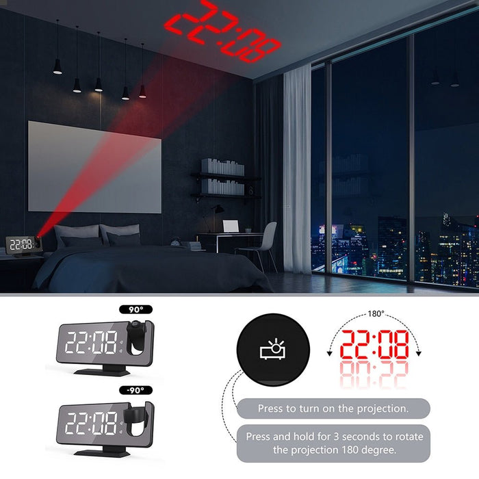 Mirror Projection Alarm Clock - FM Radio LED Digital Smart Alarm Clock with 180° Time Projection Snooze - Gear Elevation